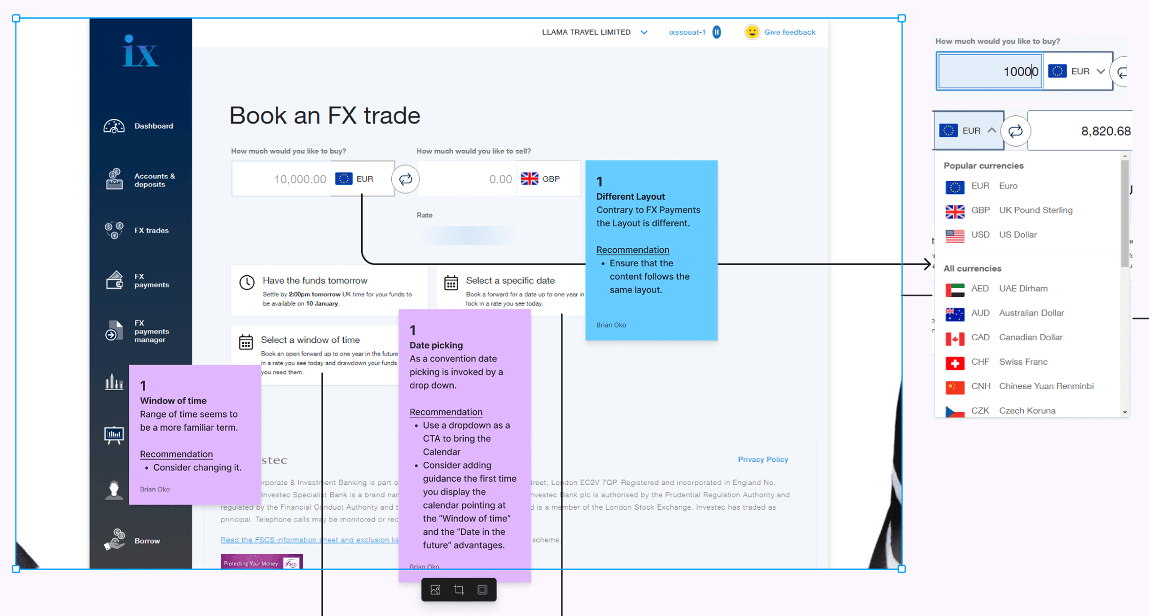 Investec interface audit screens
